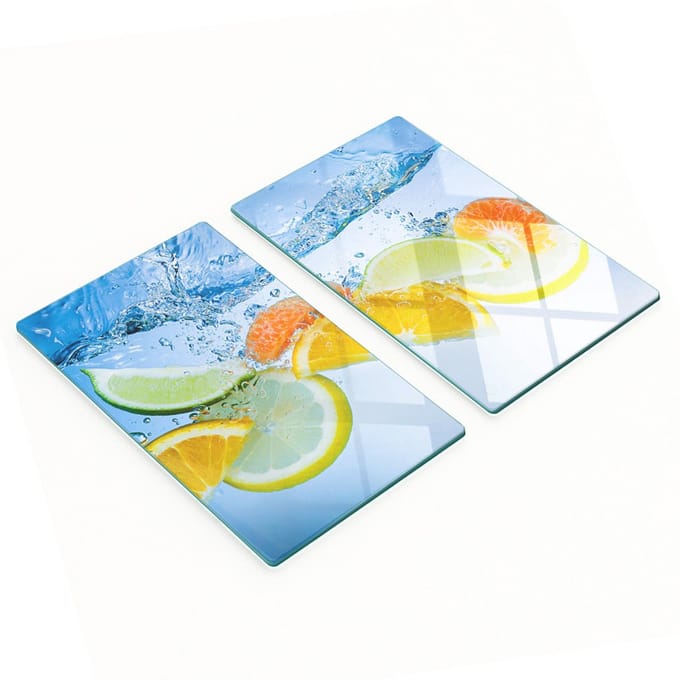 Glazen serveerplanken met afbeelding van citrusvruchten en water, 2x30x52 cm