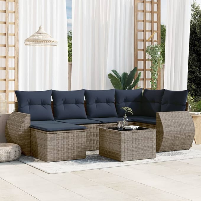 vidaXL - 7-delige - tuinbankset - met - kussens, - grijs - polyrotan