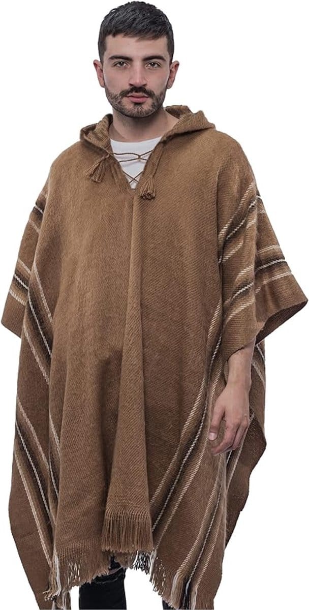 Warme en Zachte Peruaanse Poncho voor Heren - Geometrisch Ontwerp, One Size, Wollen Poncho Met Capuchon