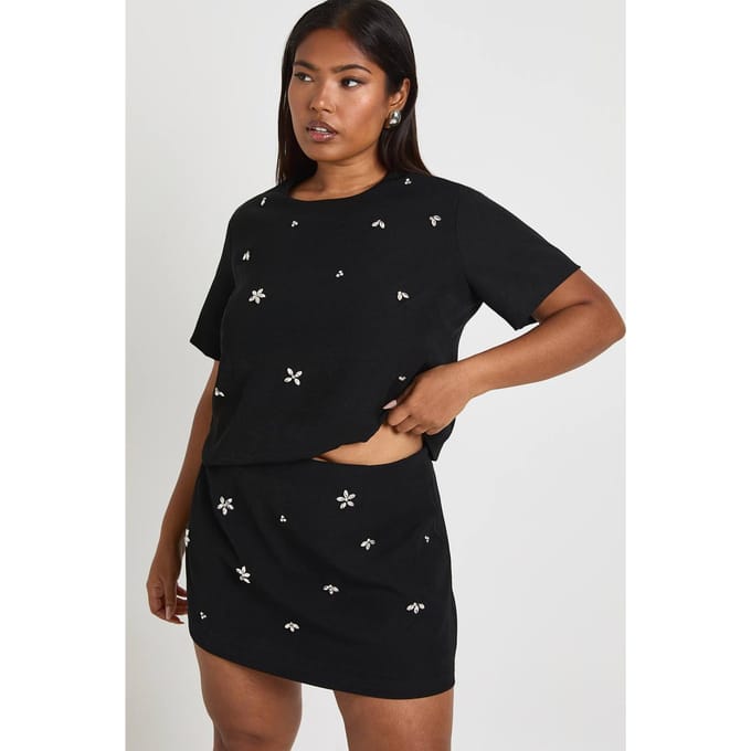 boohoo Dames Plus Diamante Skort | Zwart | Maat: 52