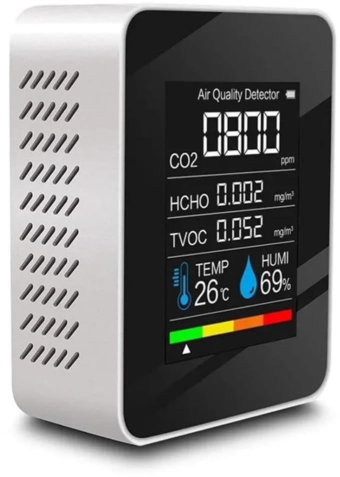 Luchtkwaliteitsmonitor 5-in-1 - CO2-detector Formaldehyde - Binnenlucht Meten - Groot LCD-scherm - 90 x 70 x 35 mm - Wit