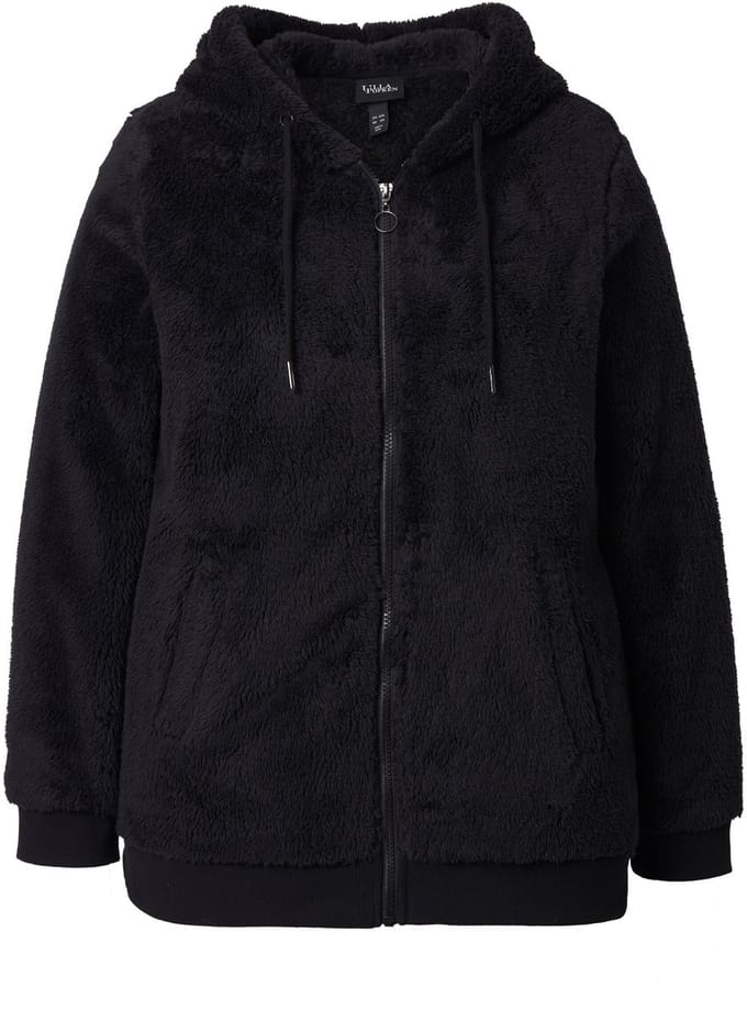 Ulla Popken - Dames - Teddy jas capuchon lange mouwen zachte teddypluche - Zwart - Maat 42+