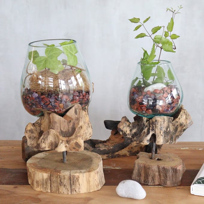 Gesmolten glas op hout met standaard - grote kom