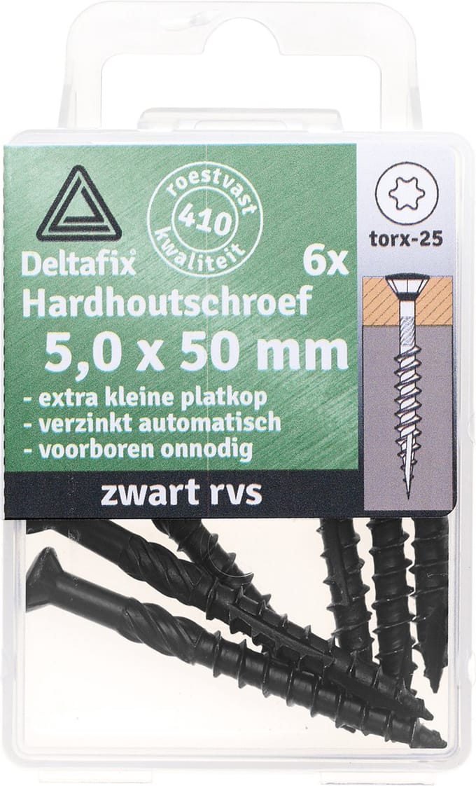 Deltafix hardhoutschroeven 5,0 x 50 mm - RVS - zwart - platkop - 6 stuks