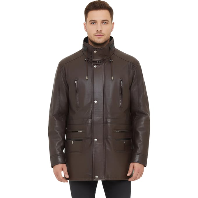 Heren bruine zachte Italiaanse leren parka jas-Gatton