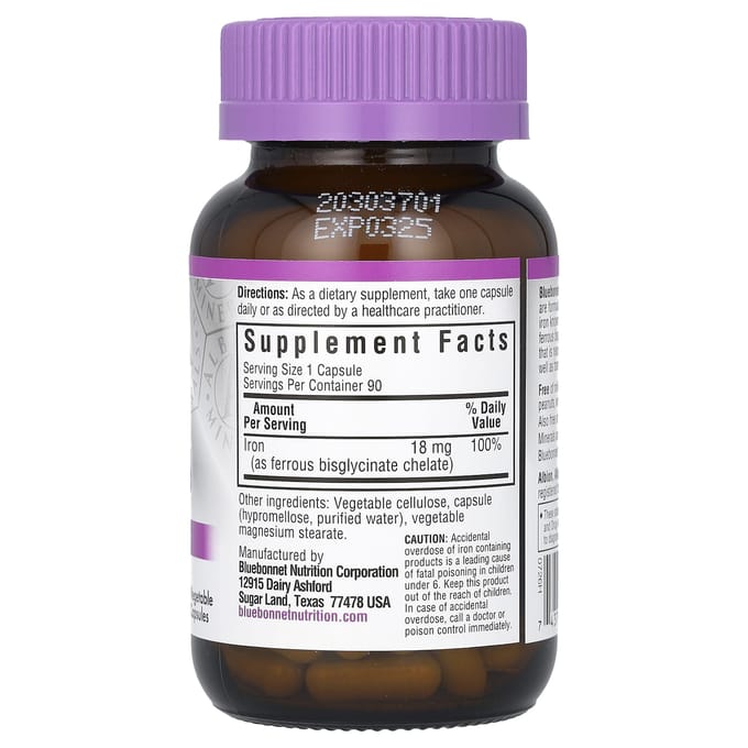 Bluebonnet Nutrition, Gekeleerd IJzer, 18 mg, 90 Plantaardige Capsules