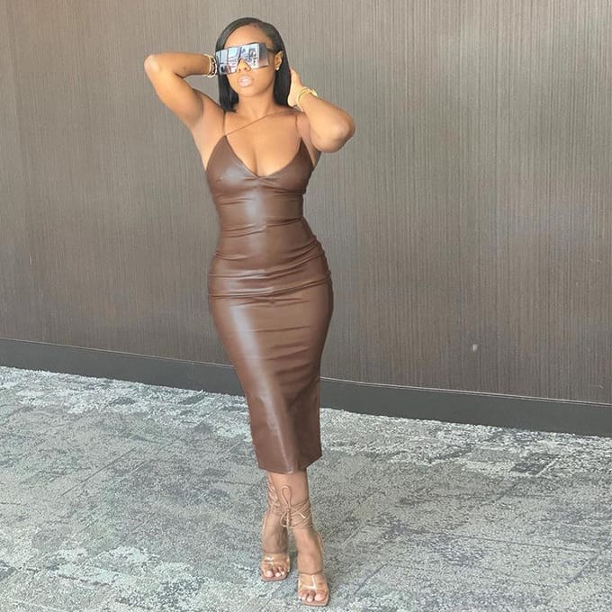 Robe Sexy à Bretelles Été Nouveau Col V Slim Fente Jupe Midi S black
