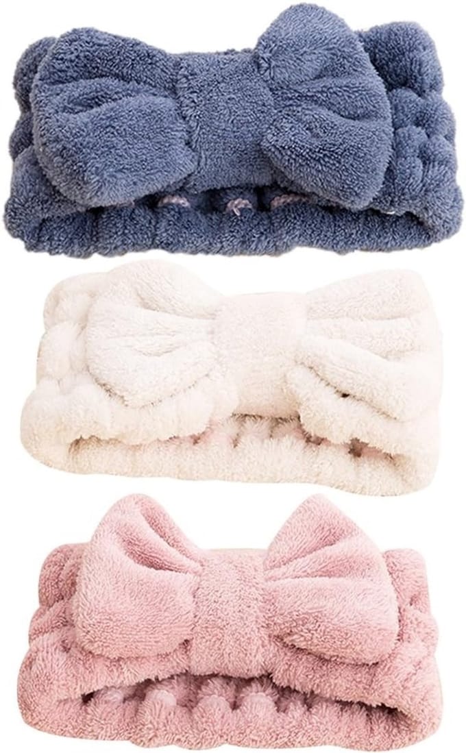 Elastische Haarbanden met Strik in Koraal Fluweel voor Make-up en Douche - 3 Stuks (Blauw, Roze, Wit)