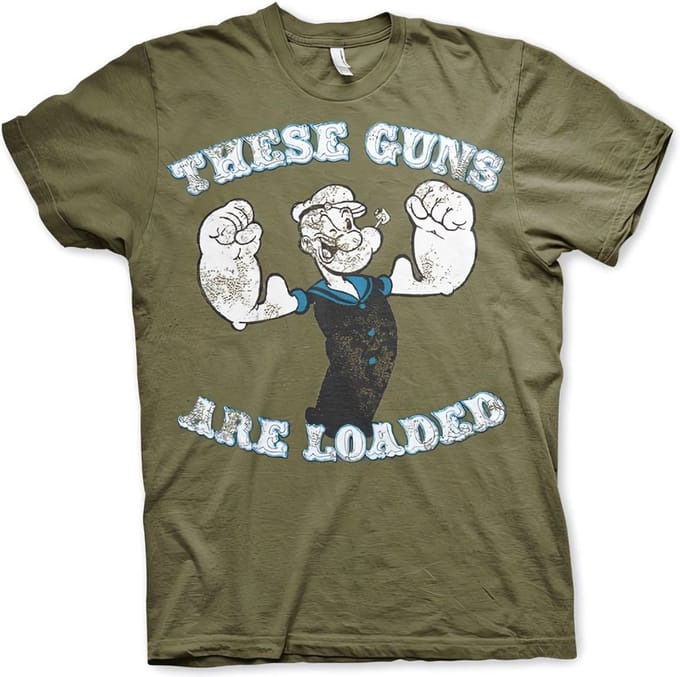 Popeye T-shirt 'These Guns Are Loaded' - olijfgroen