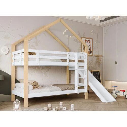 ModernLuxe Stapelbed met glijbaan en ladder - massief houten frame - 90x200 cm - Wit