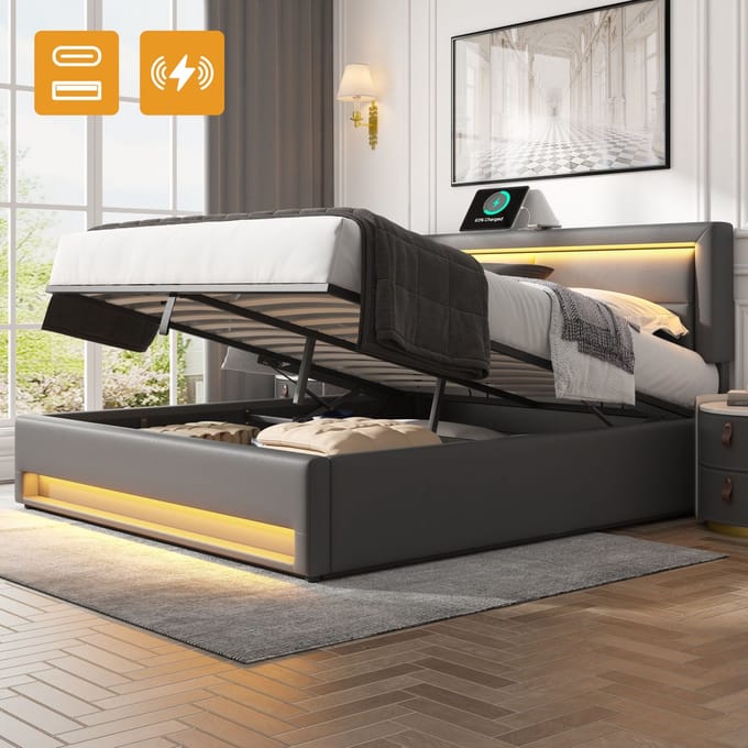 MODFU Gestoffeerd Bed – 140x190 cm – USB & Draadloos Opladen – LED met 12 Kleuren – PU – Grijs