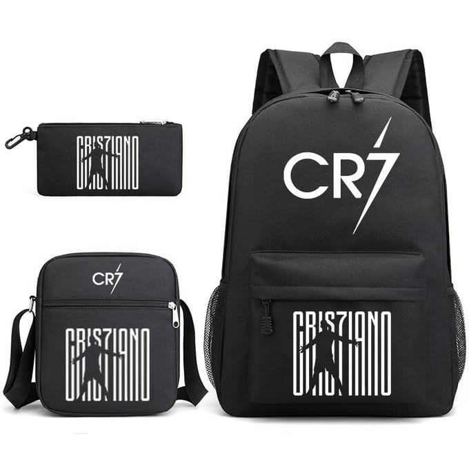Cartable grande capacité avec bandoulière; set de trousse à crayons trois pièces pour étudiant Cristiano ronaldo backpack noir
