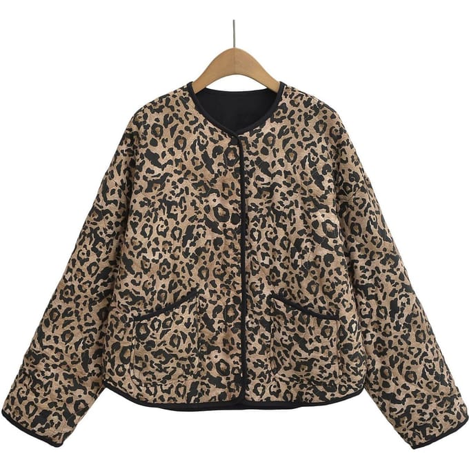 Dames Luipaardprint Katoenen Jas met Lange Mouwen M black
