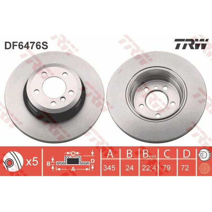 Remschijf TRW DF6476S achter, geventileerd, 1 Stuk