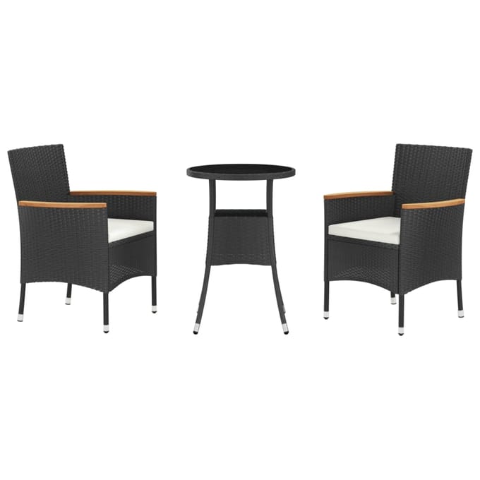 vidaXL - 3-delige - Bistroset - met - kussens - poly - rattan - zwart