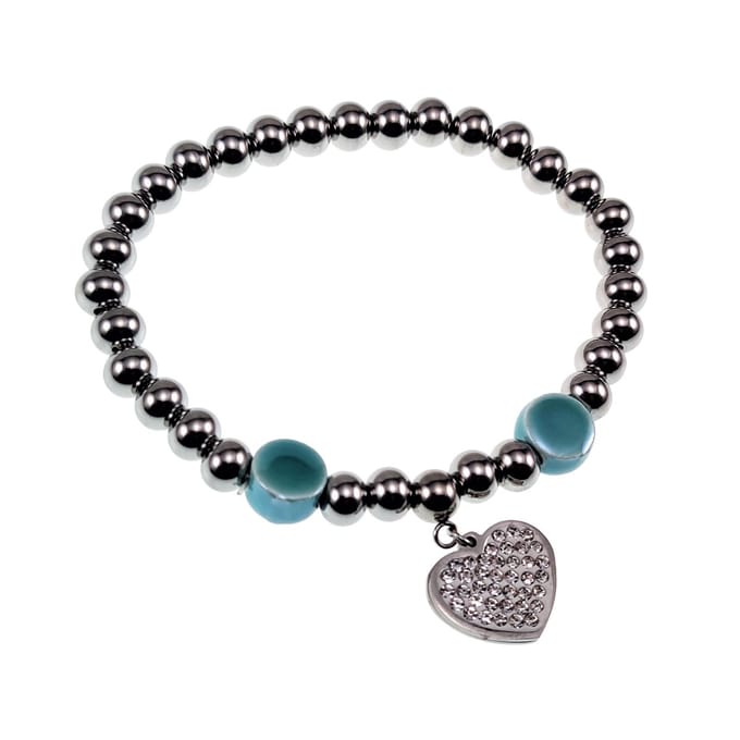 Kralen Armband Dames - Gepolijst RVS - Turquoise Armband met Hart Hanger