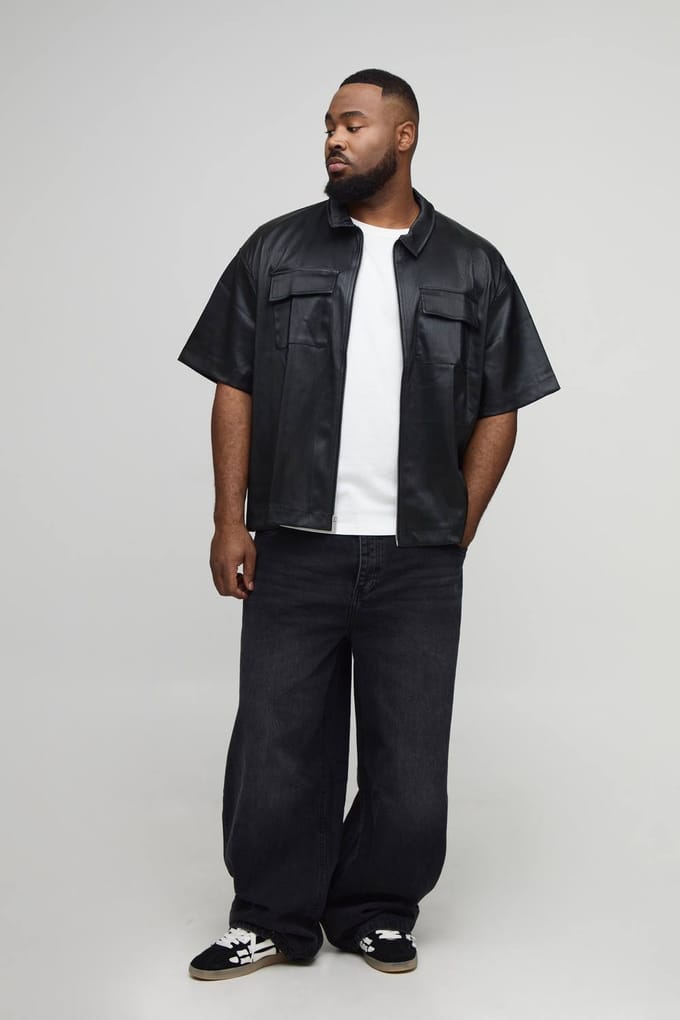 Plus Geplooierde PU Boxy Oversized Cargo Shirt | Black | Size 3XL