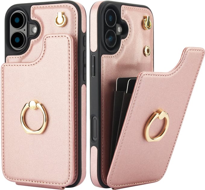 Luxe Hoesje met Portemonnee & Ringhouder – Geschikt voor Apple iPhone 16 Plus – Roze