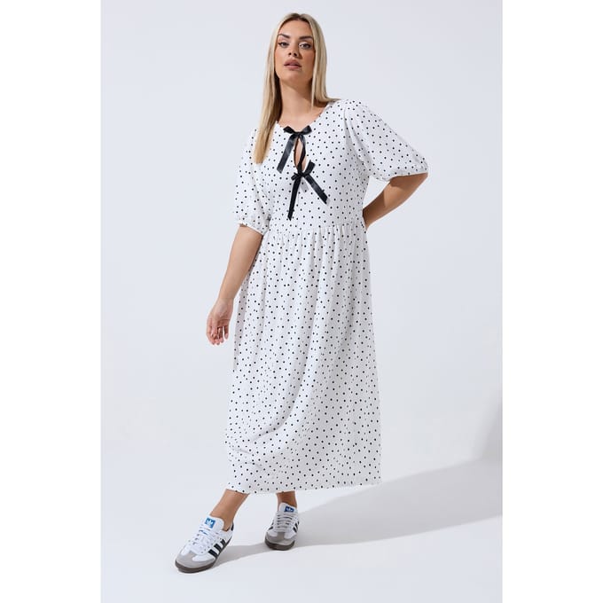 Limited Collection Ivoorkleurige Jurk Met Stippen En Strik Size 48