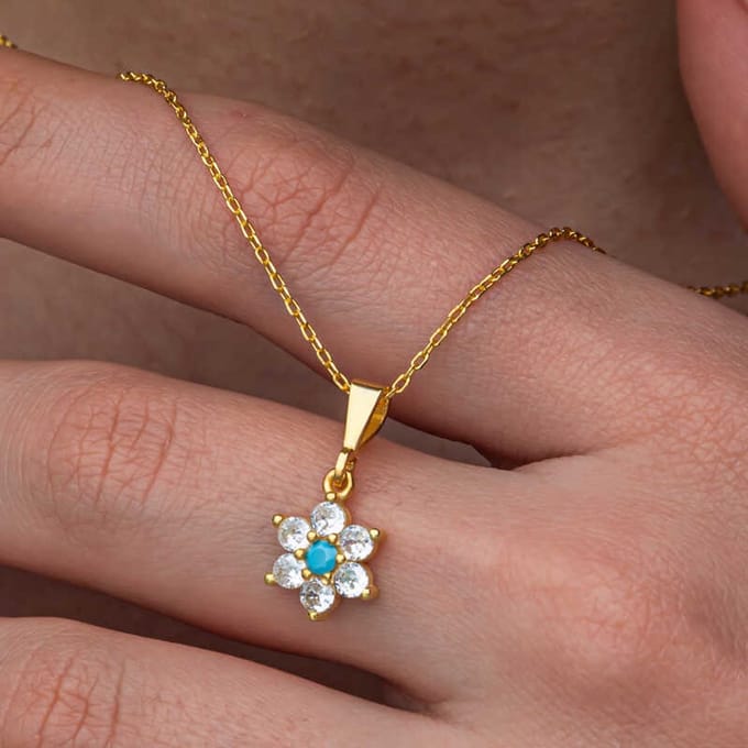 Handgemaakte 925 Zilver Vergulde Bloem Damesketting met Blauwe Steen