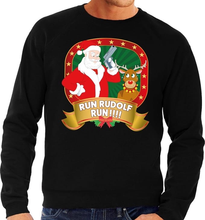 Foute kersttrui / sweater - zwart - Kerstman Run Rudolf Run heren S