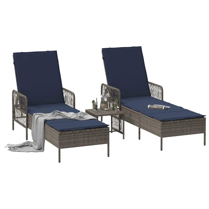 vidaXL - Ligstoel - 3 - st - poly - rattan - Grijs - en - Marineblauw