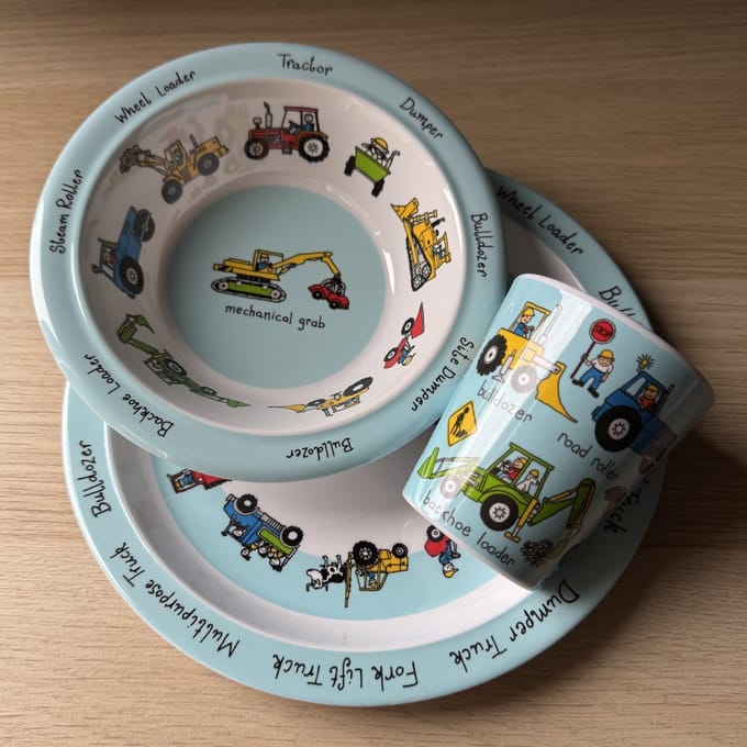 Tractor Werkvoertuigen kinder servies set melamine (bord + kom + bekertje) - Tyrrell Katz