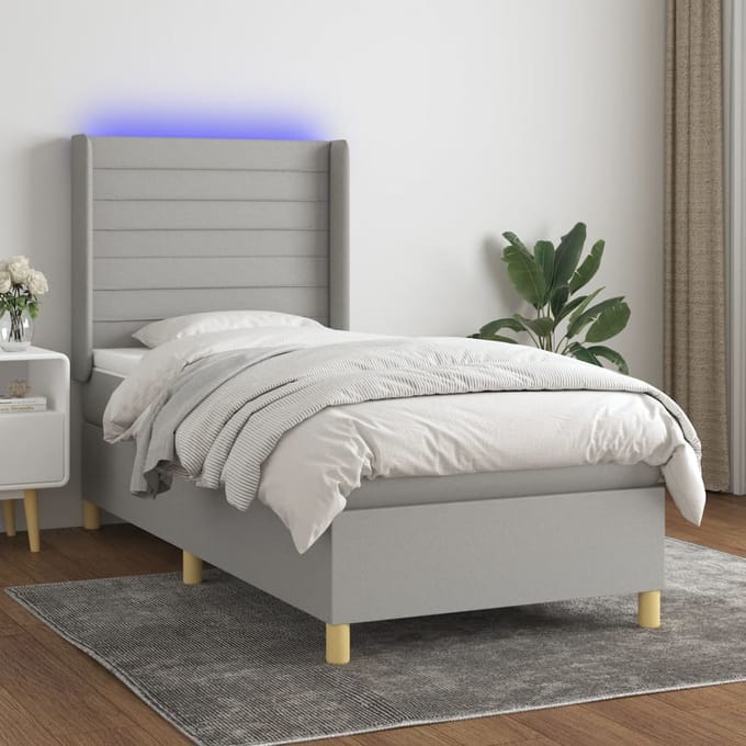 vidaXL - Boxspring - met - matras - en - LED - stof - lichtgrijs - 90x200 - cm