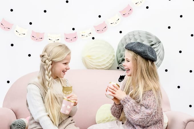 PARTYDECO - Roze en witte kartonnen kat slinger