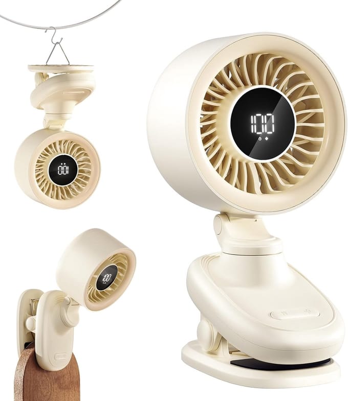 USB-clipventilator, mini-bureauventilator met oplaadbare batterij, oscillatiefunctie, timer, traploze snelheidsregeling en ultrastille werking. Compact en draagbaar.