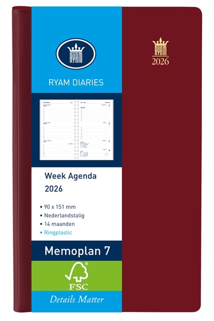 Agenda 2025 Ryam Memoplan 7 Suprema ringplasic 7dagen/2pagina's bordeaux
