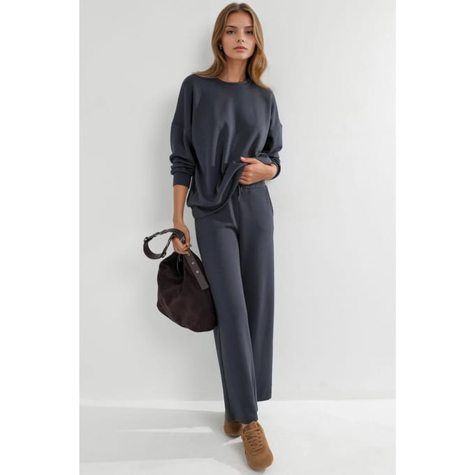 Modal Touch Pullover met Ronde Hals en Wijde Broek Twee-Delige Set