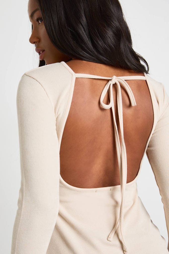 boohoo Dames Geribbelde Lange Mouwen Shift Jurk | Beige | Maat: 12