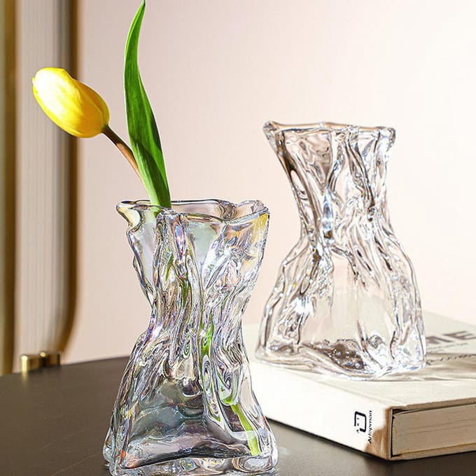 Vase en verre plissé léger et luxueux pour hydroponie, pour salon, table à manger, fleurs séchées gray