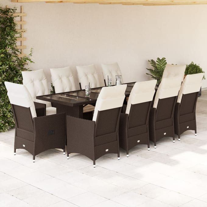 vidaXL - 11-delige - Bistroset - met - kussens - poly - rattan - bruin