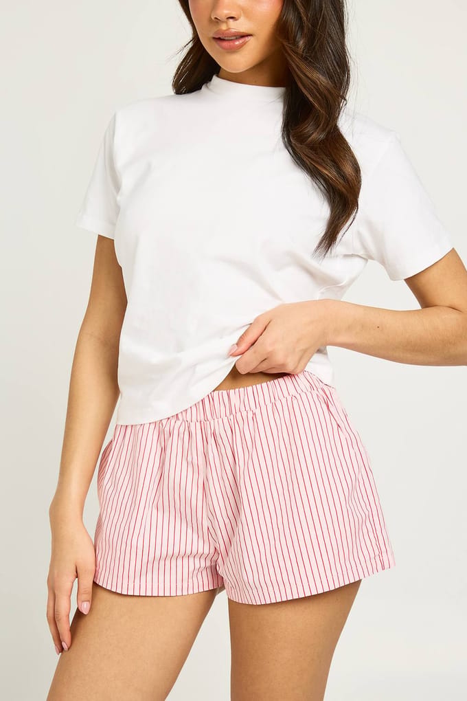 boohoo Dames Gestreepte Runner Short Met Elastische Tailleband In Boxerstijl | Roze | Maat: 44