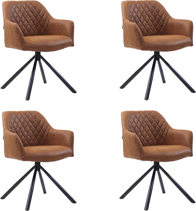 Bronx71® Industriële eetkamerstoel Dex cognac eco-leer - Eetkamerstoelen set van 4 - stoel