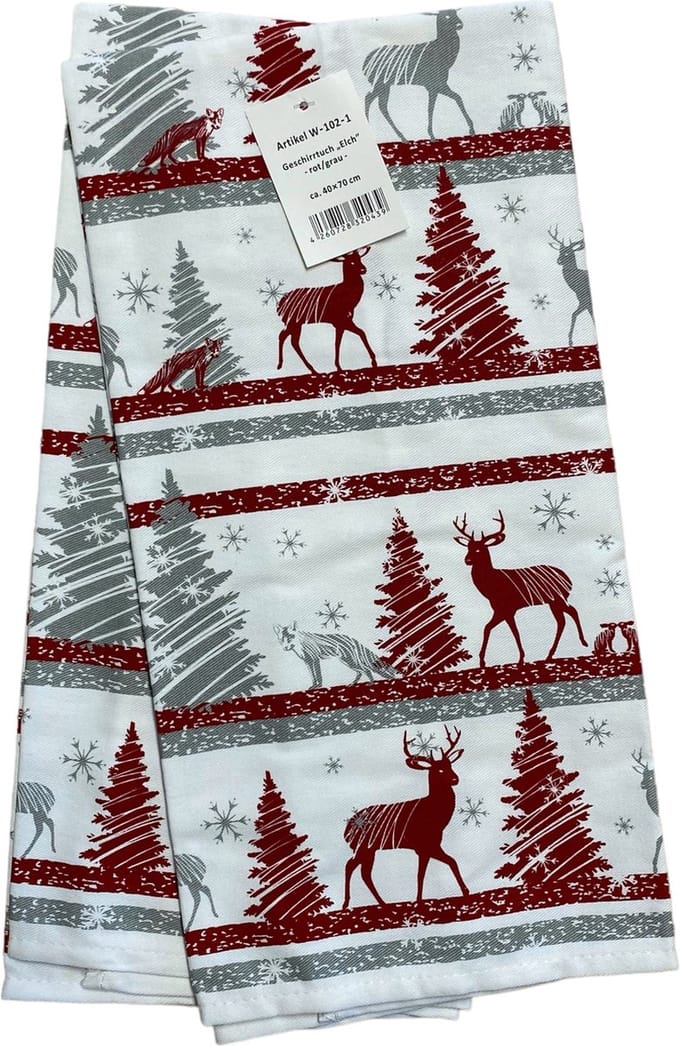 Theedoeken - Kerst - Set van 2 - Rood - Grijs - Wit - Herten - Dennenbomen - 40 x 70 cm