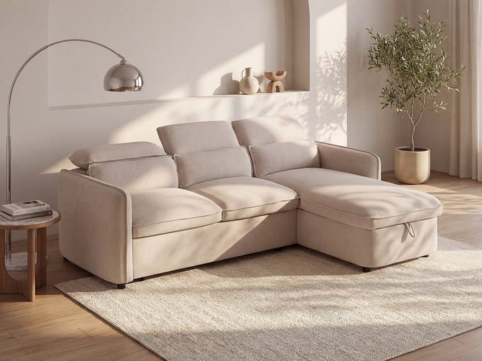 Vente-unique Omkeerbare hoekslaapbank in beige stof MANUKO