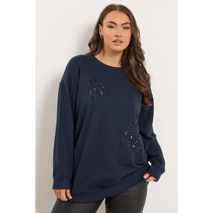 Yours Marineblauwe Luipaardprint Sweatshirt Met Slash Size 50-52
