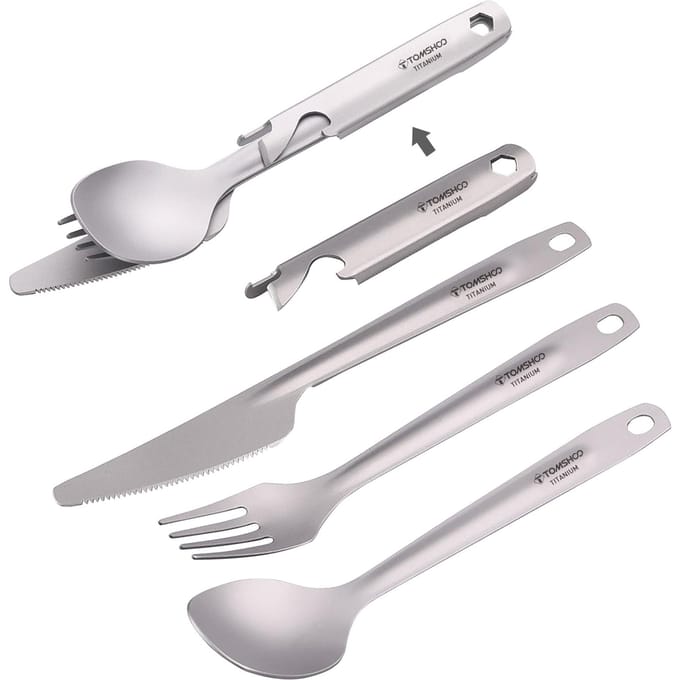 TOMSHOO 4-in-1 titanium bestek bestekset lichtgewicht dinerlepel vorksnijder met multifunctionele opslaghouder flesopener white