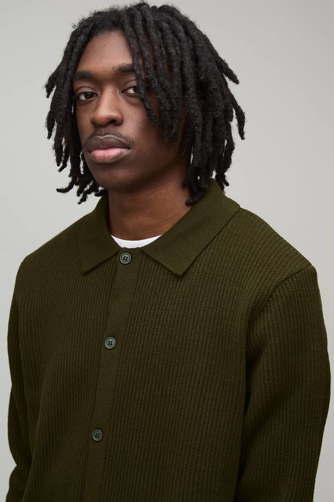 Regular Fit Collared Knitted Shirt | Khaki | Size Medium