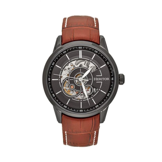 Heritor Automatic Davies Semi-Skeleton Horloge met Leren Band - Zwart/Bruin