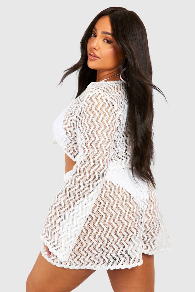 boohoo Dames Plus Jersey Gebreide Strandoutfit | Wit | Maat: 56