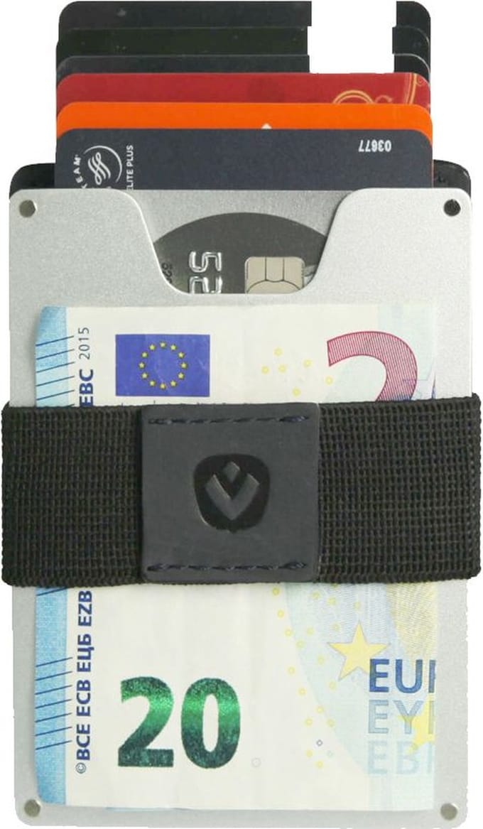 Pasjeshouder Aluminium - Briefgeld houder - elastieken geldband - 6 tot 8 pasjes - RFID - Vintage Blauw
