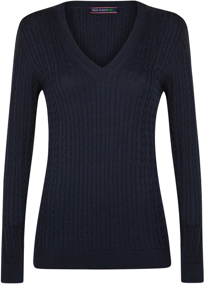 Felix Hardy Kabelgebreide Trui Met V-Hals - 100% Katoen Dames Navy - M