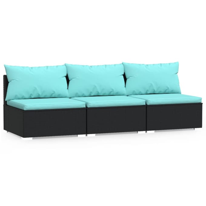 vidaXL - Driezitsbank - met - kussens - poly - rattan - zwart