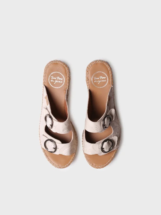 Dames espadrille zonder achterkant van leer met jute sleehak | IDOIA