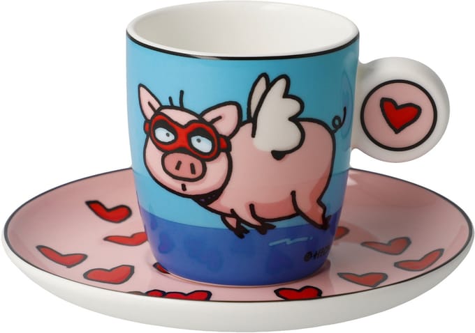 Goebel - Ed Heck | Kop en schotel Espresso When Pigs Fly | Porselein - 12cm - 100ml - 2 stuks