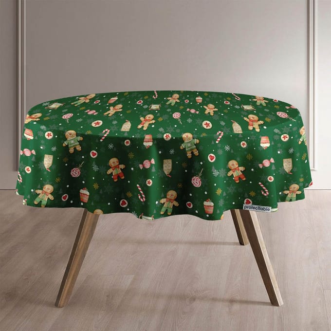 Protecttable - Rond Kerst Tafelzeil Koekmannetje Groen Ø138cm - Tafelkleed Afwasbaar - Kunststof
